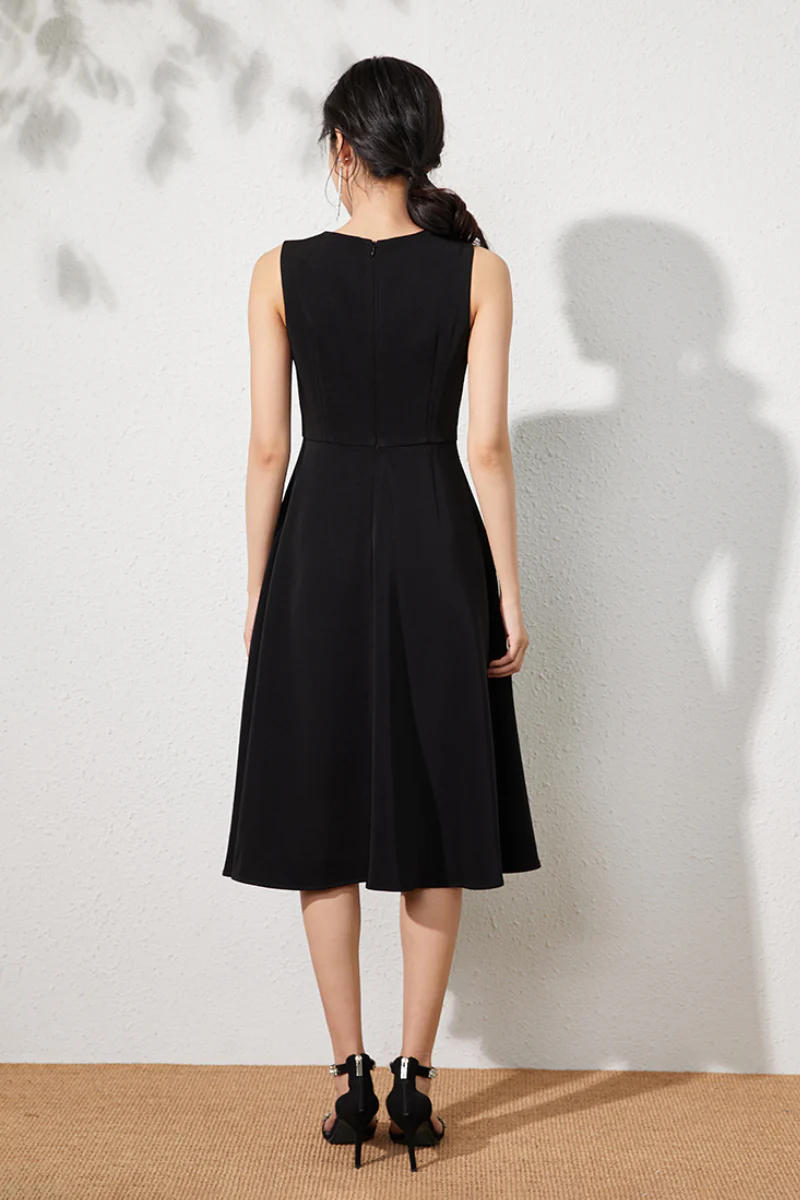 Black Sleeveless A-Line Midi Dress - HBQMJX