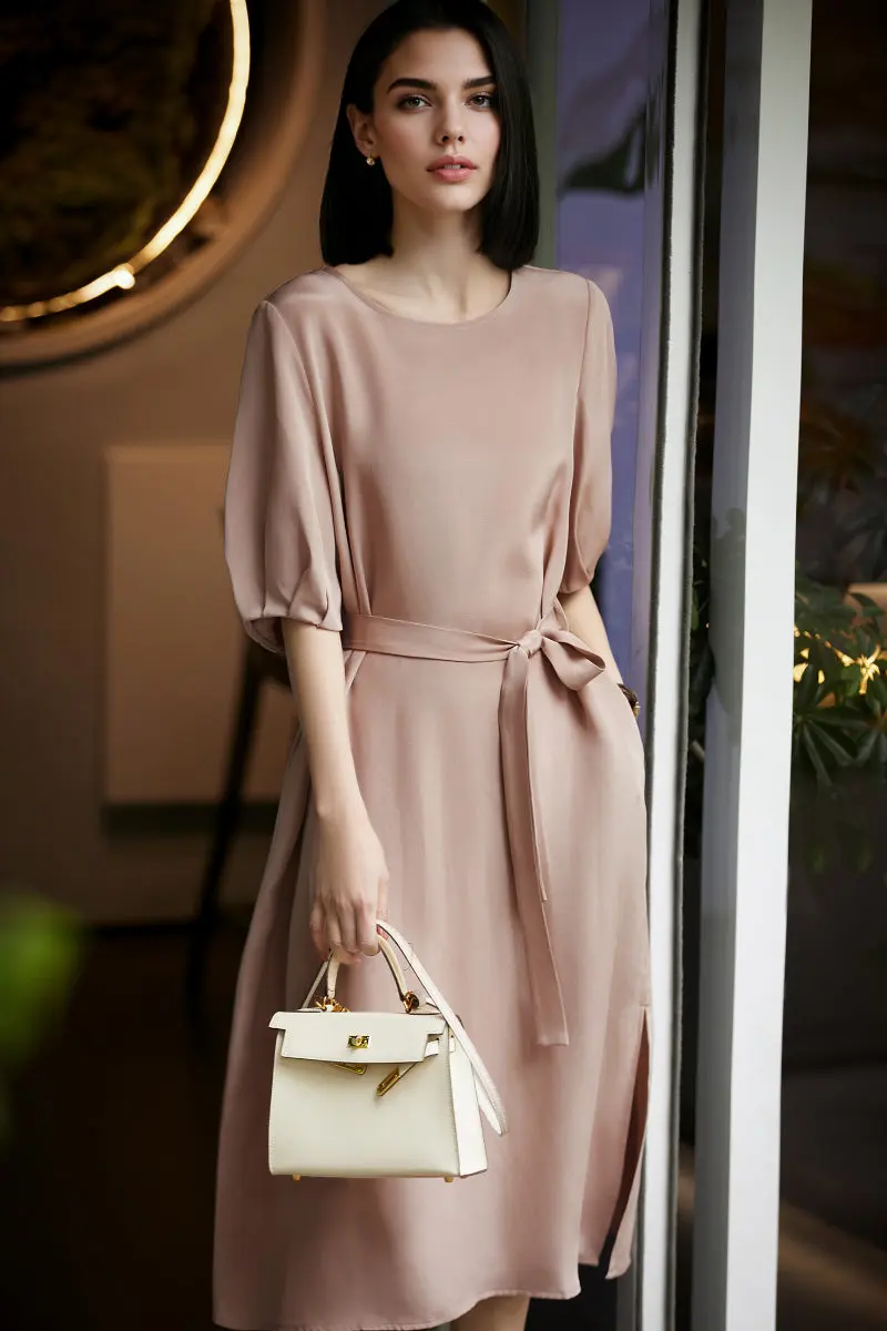 Pink 30MM Silk Crepe Belted Midi Dress - HBQMJX