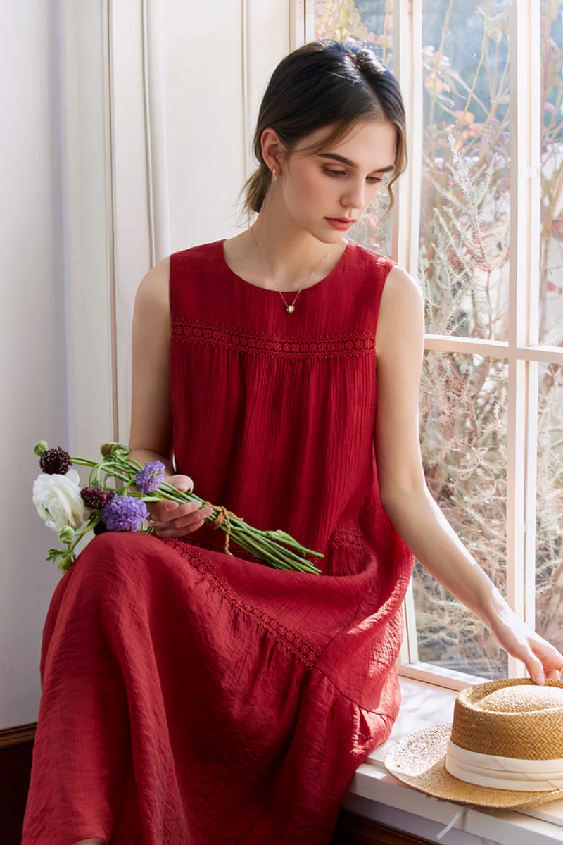 Red Tiered Sleeveless Tank Midi Dress with Embroidered Detail - HBQMJX