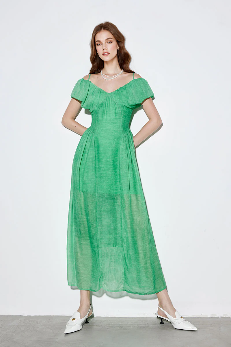 Green Silk-Wool Off-the-Shoulder A-Line Maxi Dress - HBQMJX