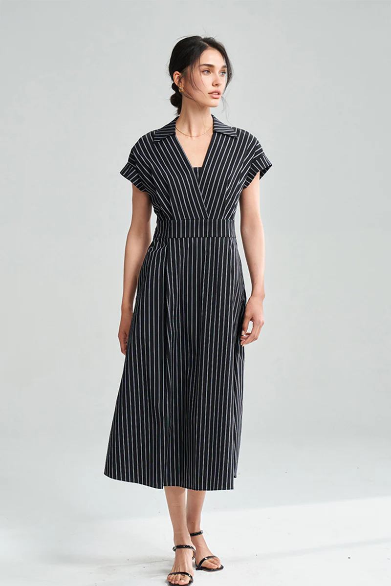 Black & White Striped A-Line Cap-Sleeve Midi Dress - HBQMJX