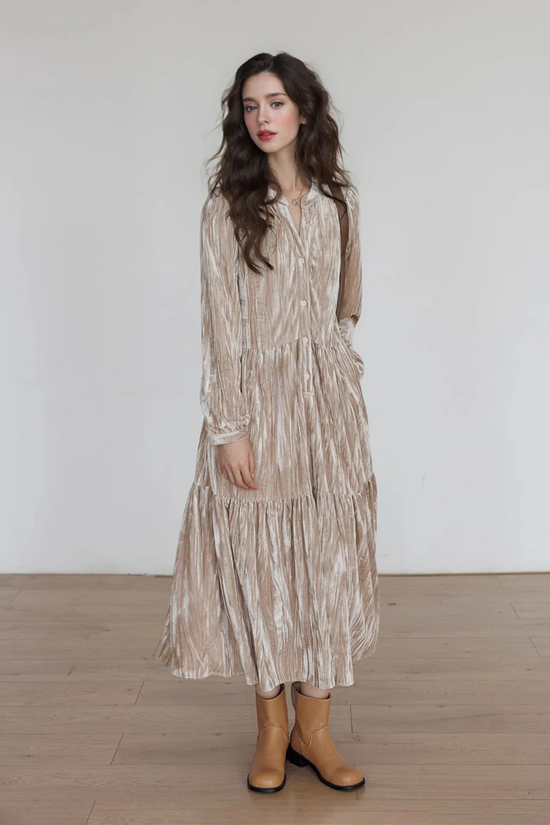 Tiered Long-Sleeve Button-Down A-Line Velvet Midi Dress - HBQMJX