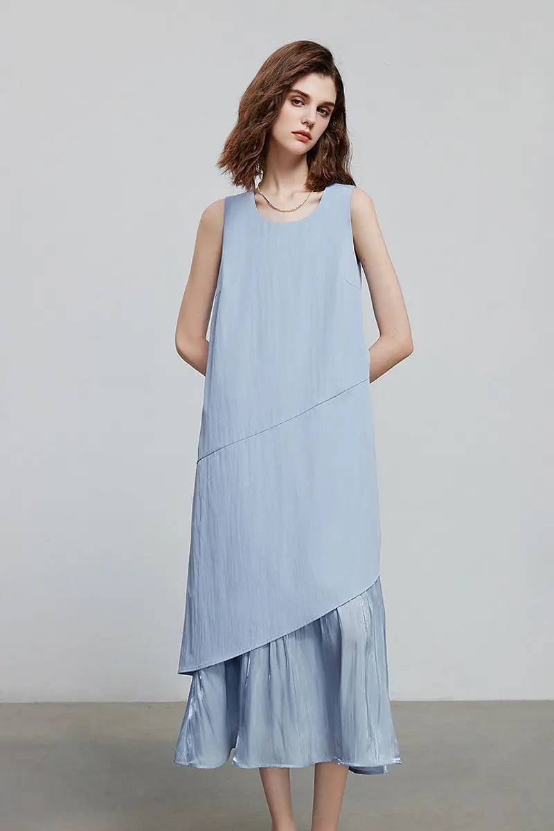 Blue Flowy Asymmetrical Sleeveless Trapeze Midi Dress - HBQMJX