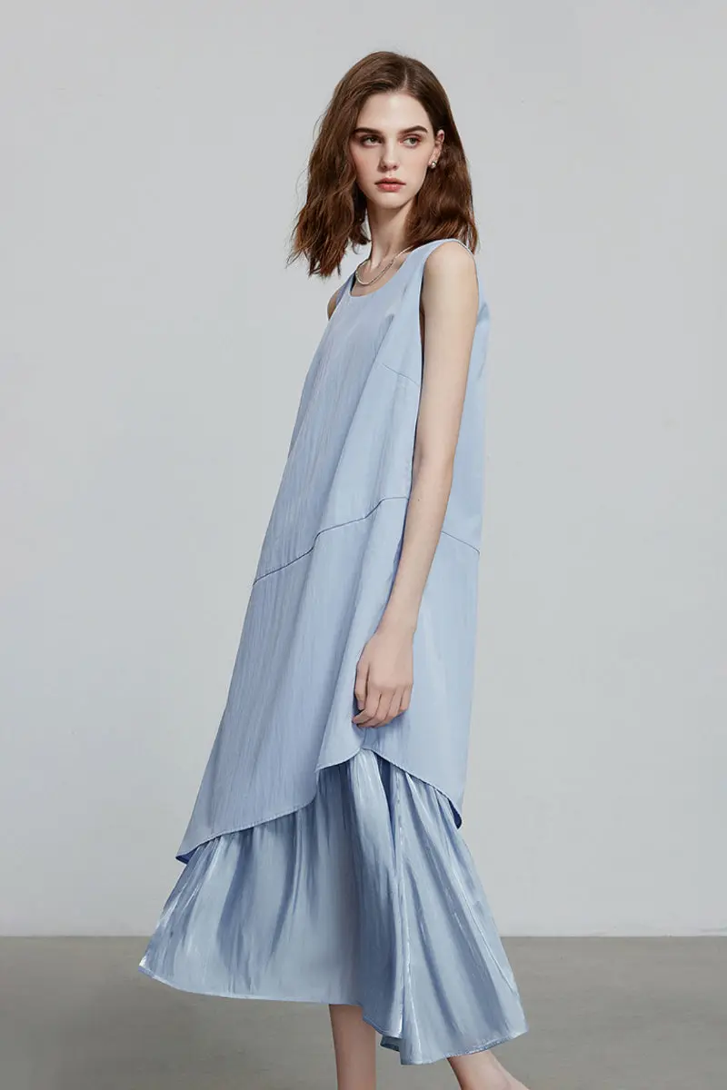 Blue Flowy Asymmetrical Sleeveless Trapeze Midi Dress - HBQMJX