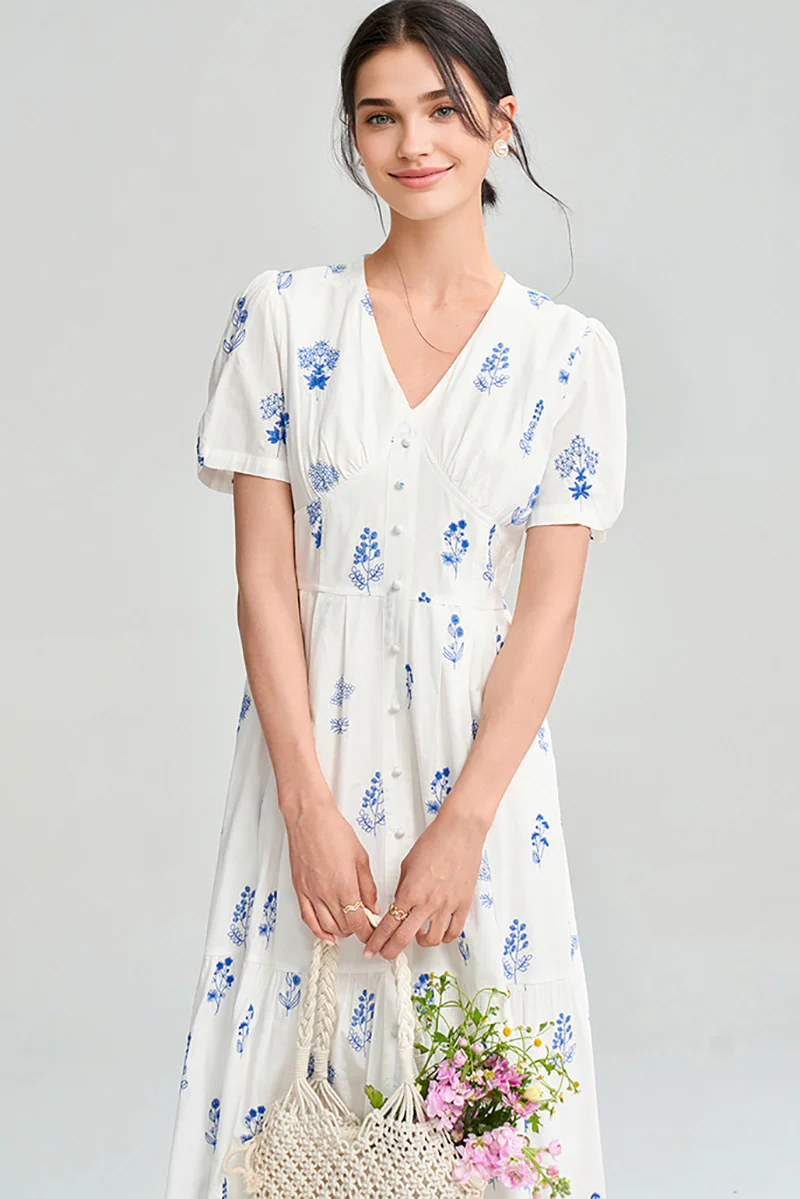 100 Cotton Floral Empire Waist A-Line Midi Sundress - HBQMJX