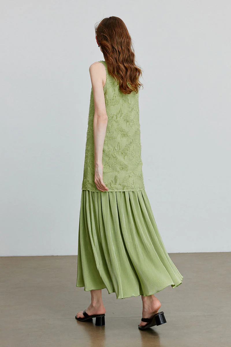 Green Frayed Jacquard Pleated Mixed-Media Midi Dress - HBQMJX