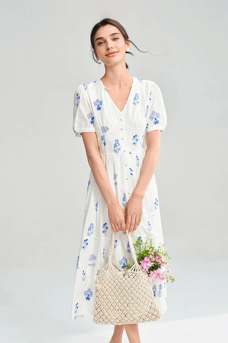 100 Cotton Floral Empire Waist A-Line Midi Sundress - HBQMJX