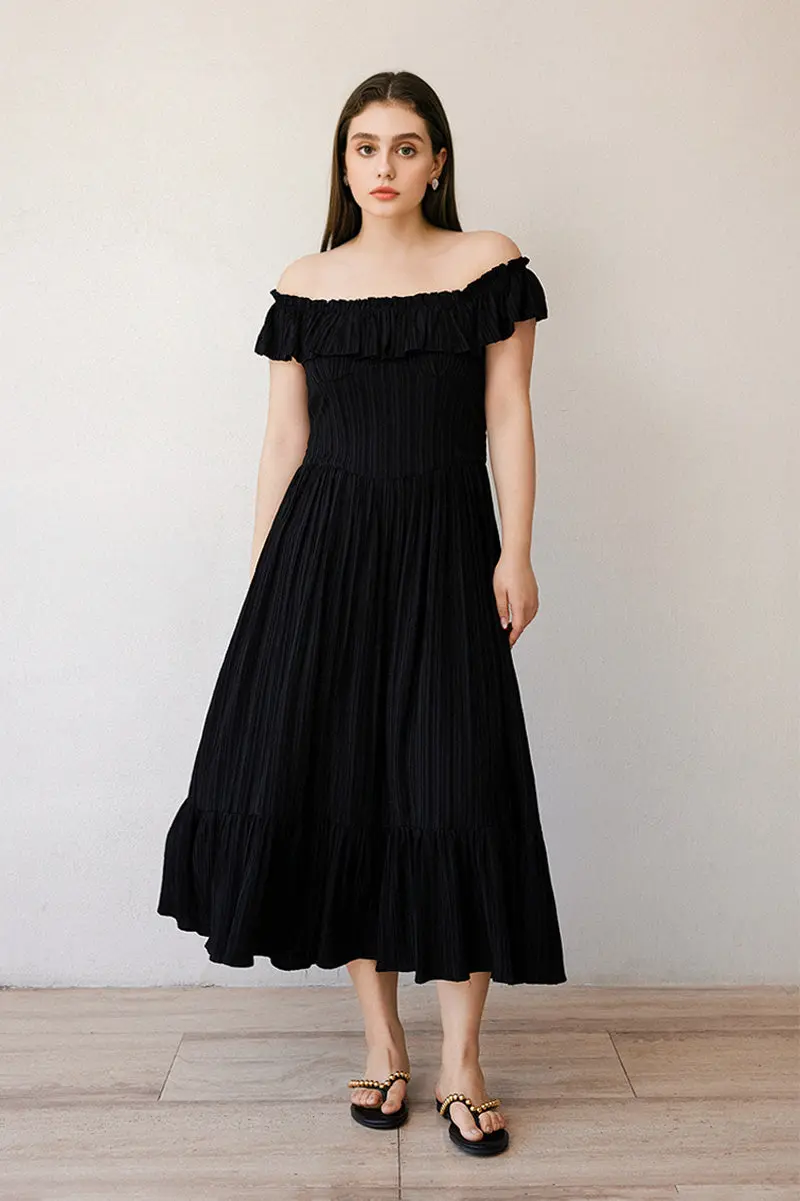 Black Off-the-Shoulder Ruffled Fit & Flare Midi Dress - HBQMJX