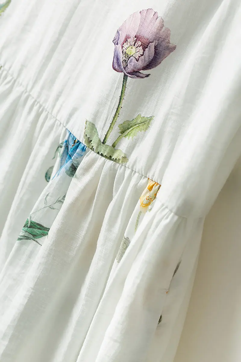 White Floral Linen Sleeveless Fit & Flare Midi Dress - HBQMJX