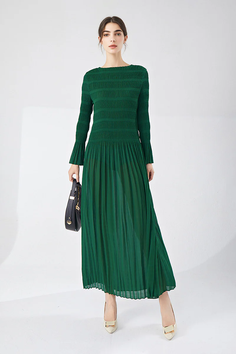 Designer Inspired Pleated Long Sleeve Smocked Maxi Dress in Emerald Green - HBQMJX