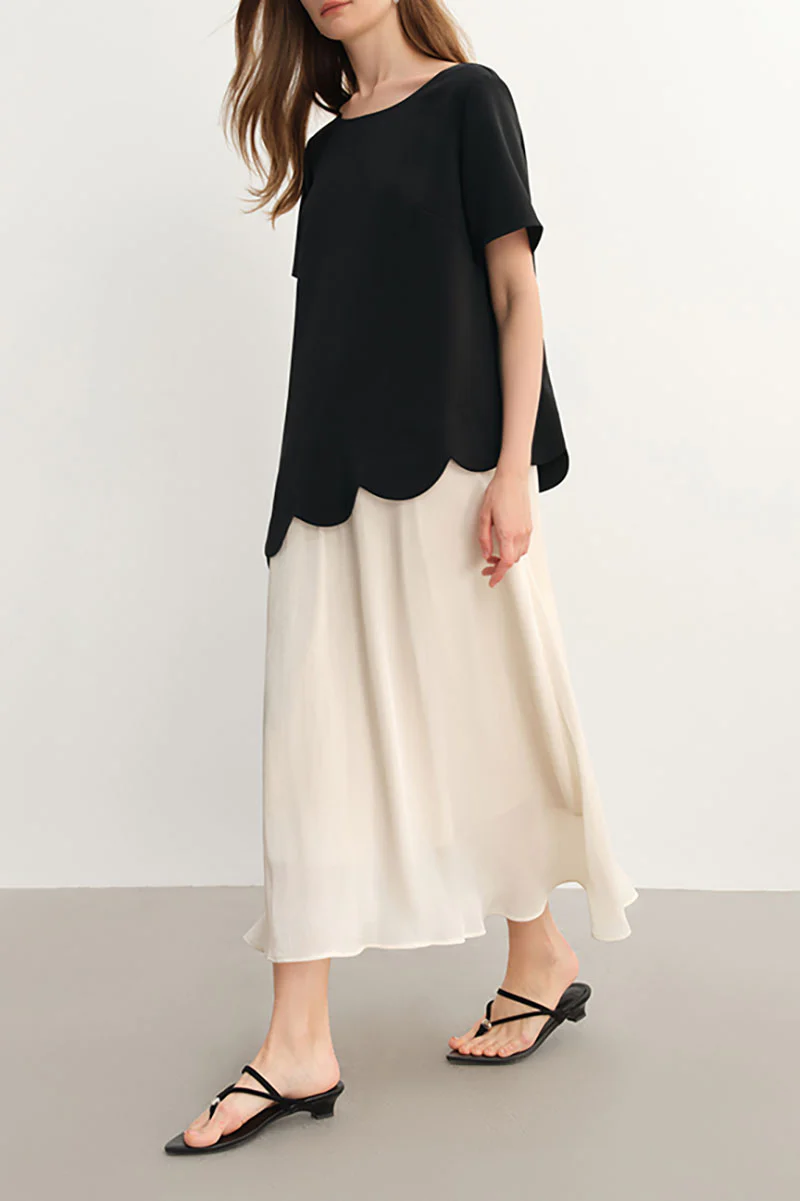 Black & White Short-Sleeve Mixed Media Midi Dress - HBQMJX