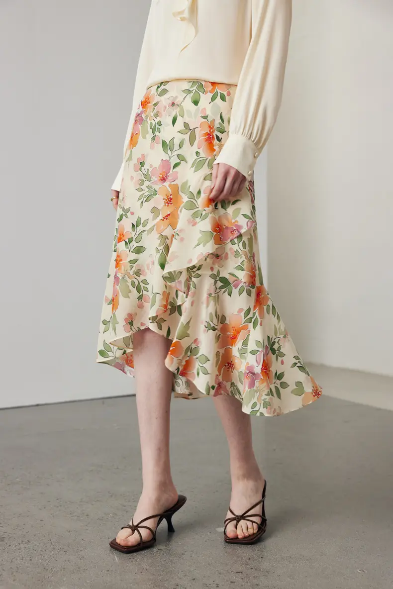 Asymmetric Silk Ruffled Floral Midi Skirt - HBQMJX