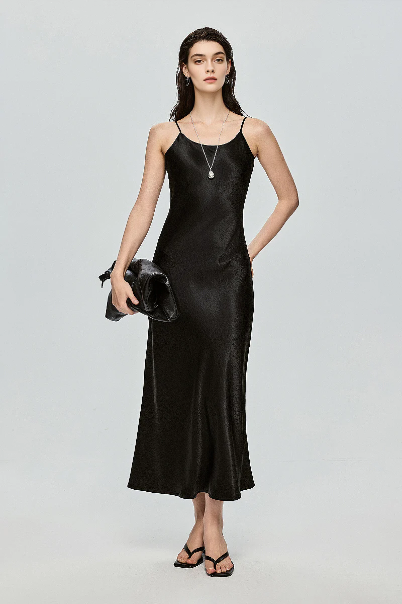 Black Bias Cut Satin Slip Midi Dress - HBQMJX