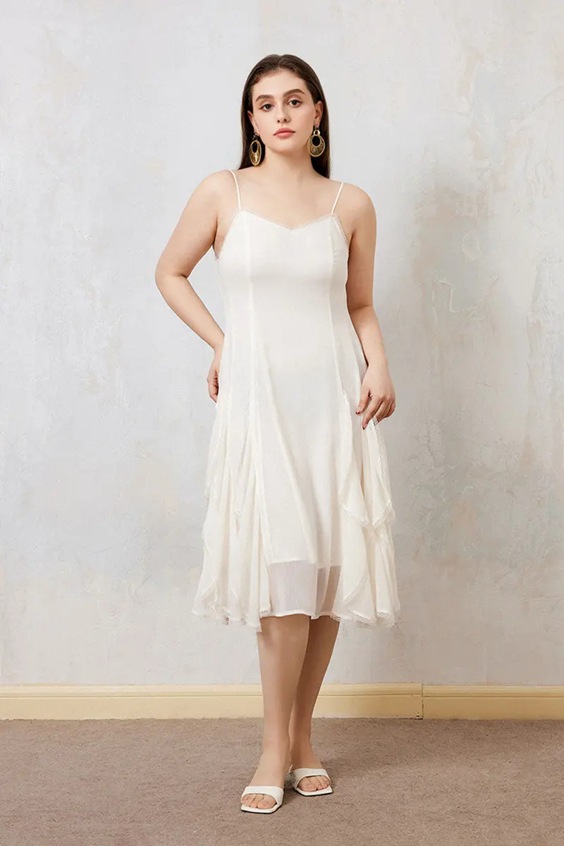 White Chiffon Spaghetti-Strap Ruffled Midi Dress with Lace Trim - HBQMJX