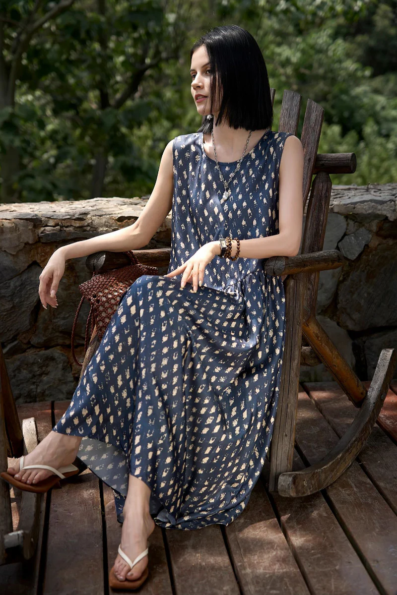 100% Silk Twill Printed Trapeze Midi Dress - HBQMJX