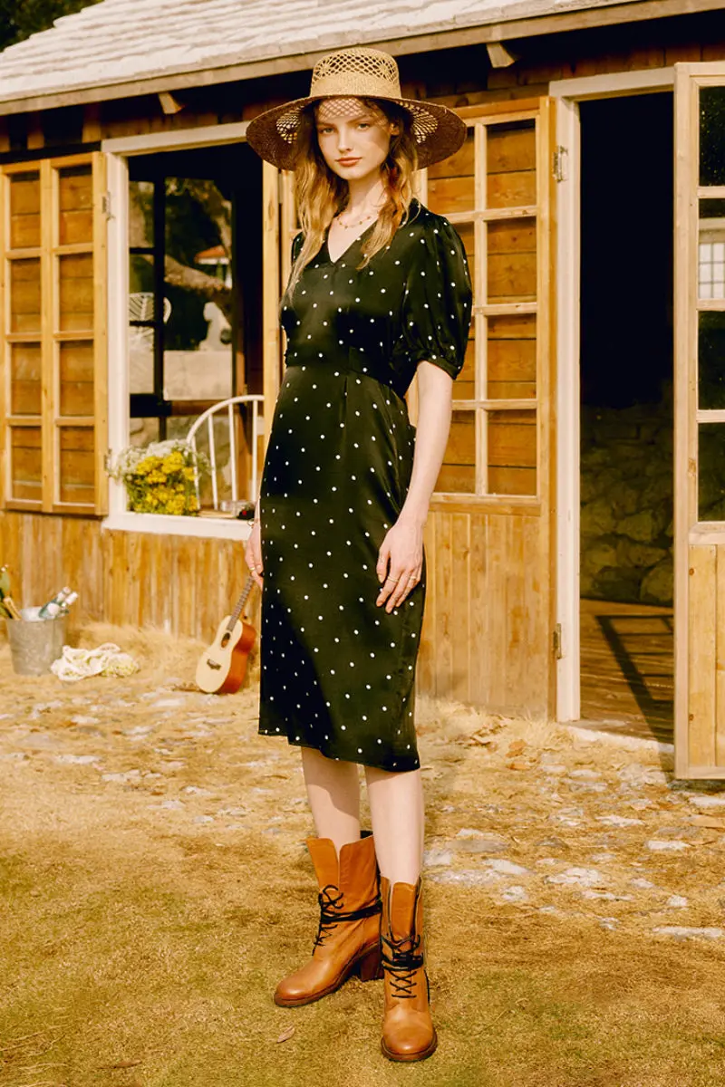 French-Inspired Silk  Crepe-Back Polka Dot Midi Dress in Black - HBQMJX