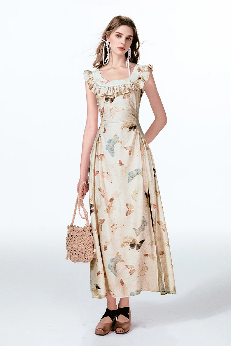 Vintage Butterfly Fit & Flare Ruffle Maxi Dress - HBQMJX
