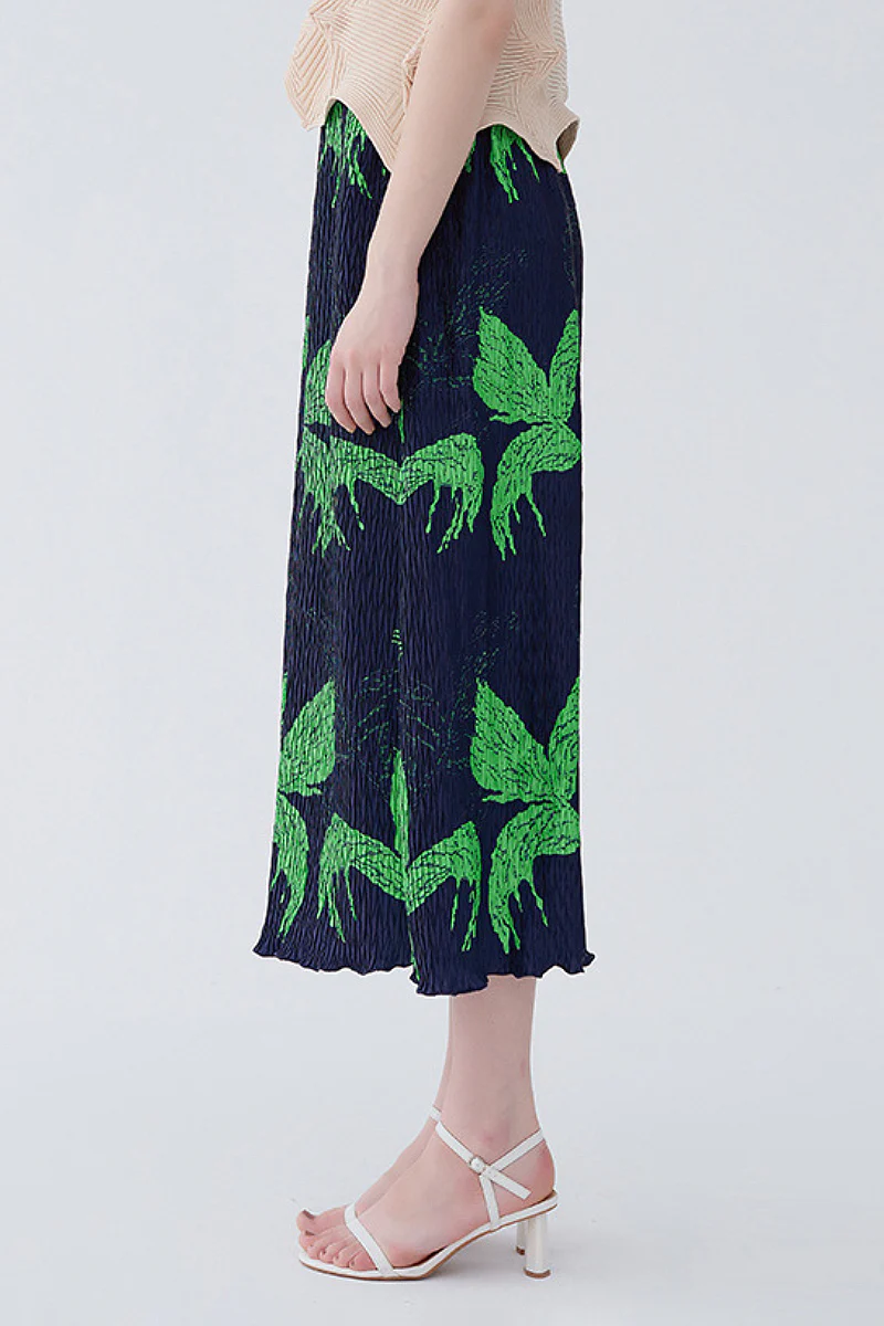 Designer Inspired Pleated Leaf Print Straight Midi Skirt - HBQMJX