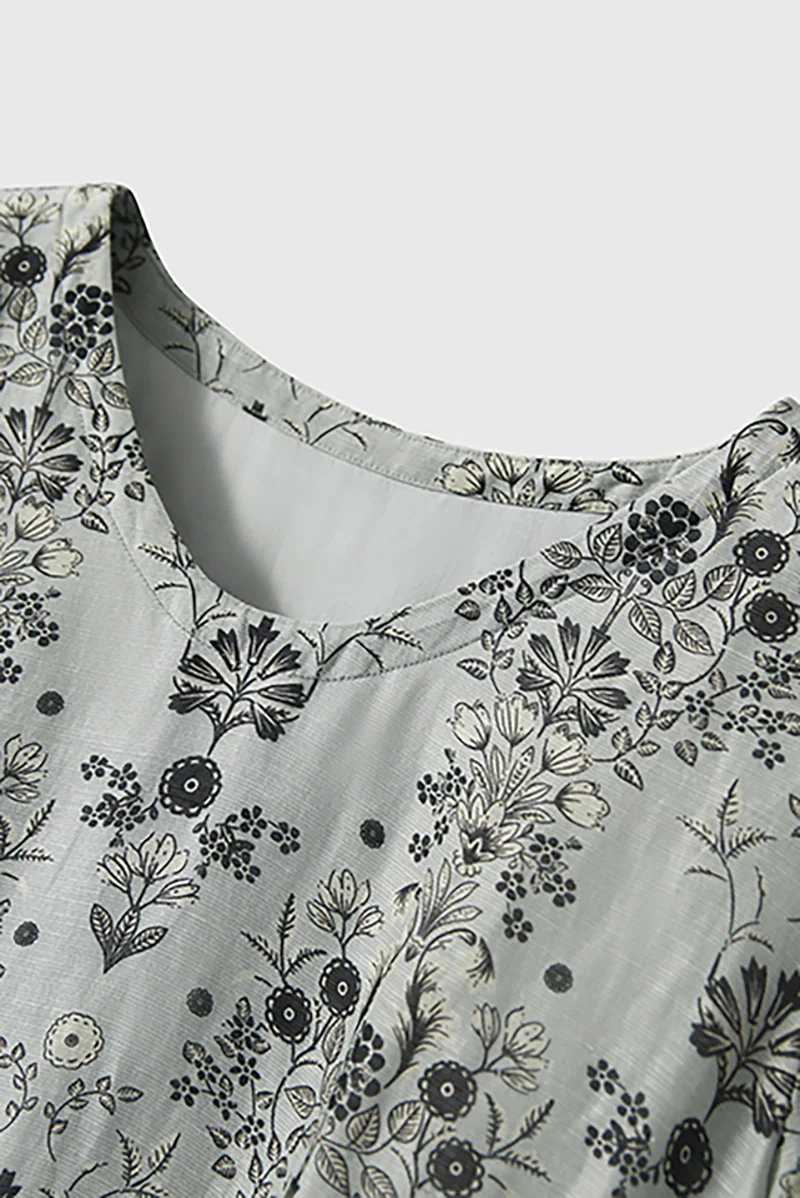 Floral Elbow-Sleeve Midi Dress in Linen-Silk Blend - HBQMJX