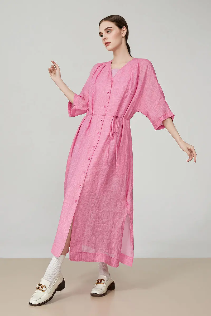 100 Ramie Pink Belted Shirt Midi Dress - HBQMJX