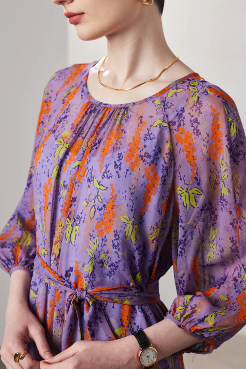 100 Mulberry Silk Floral Balloon-Sleeve Tie-Waist Midi Dress with Camisole Slip - HBQMJX