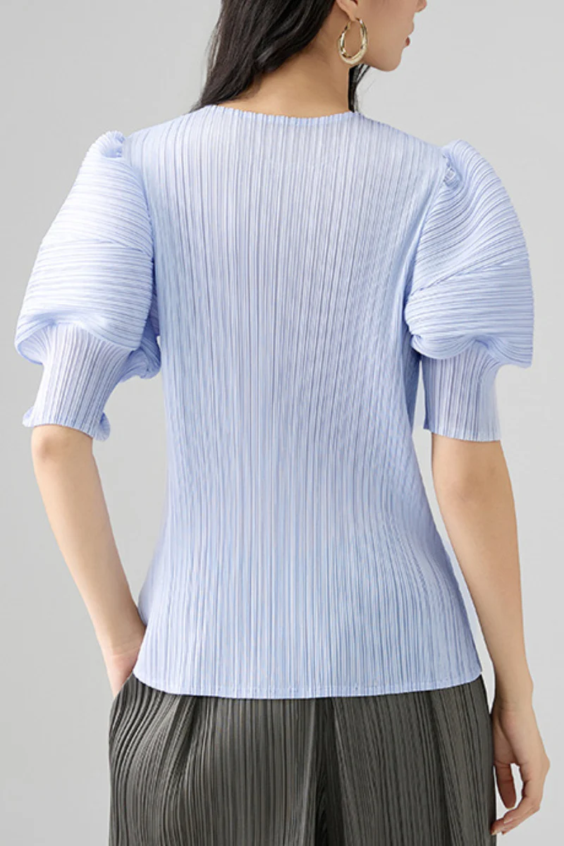 Designer Inspired Pleated Puff-Sleeve Top - HBQMJX