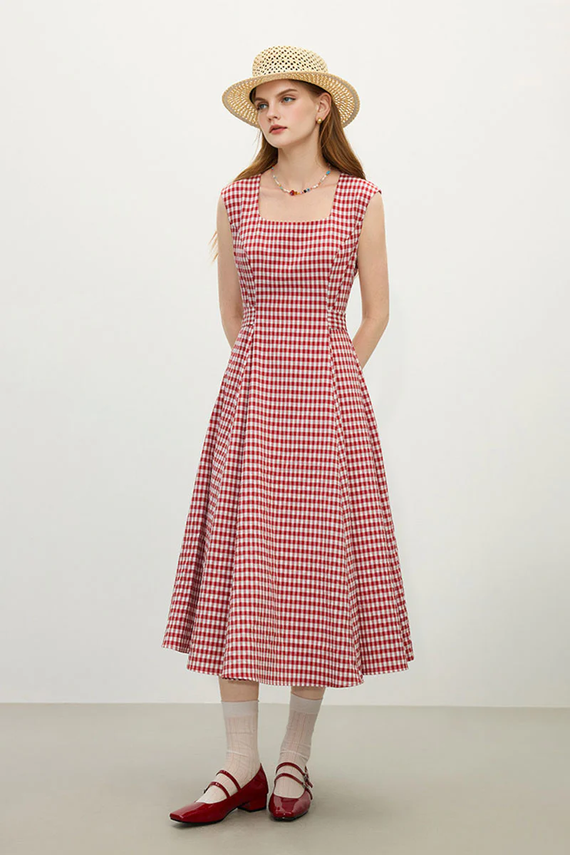 Red Gingham A-Line Midi Dress with Back Tie - HBQMJX