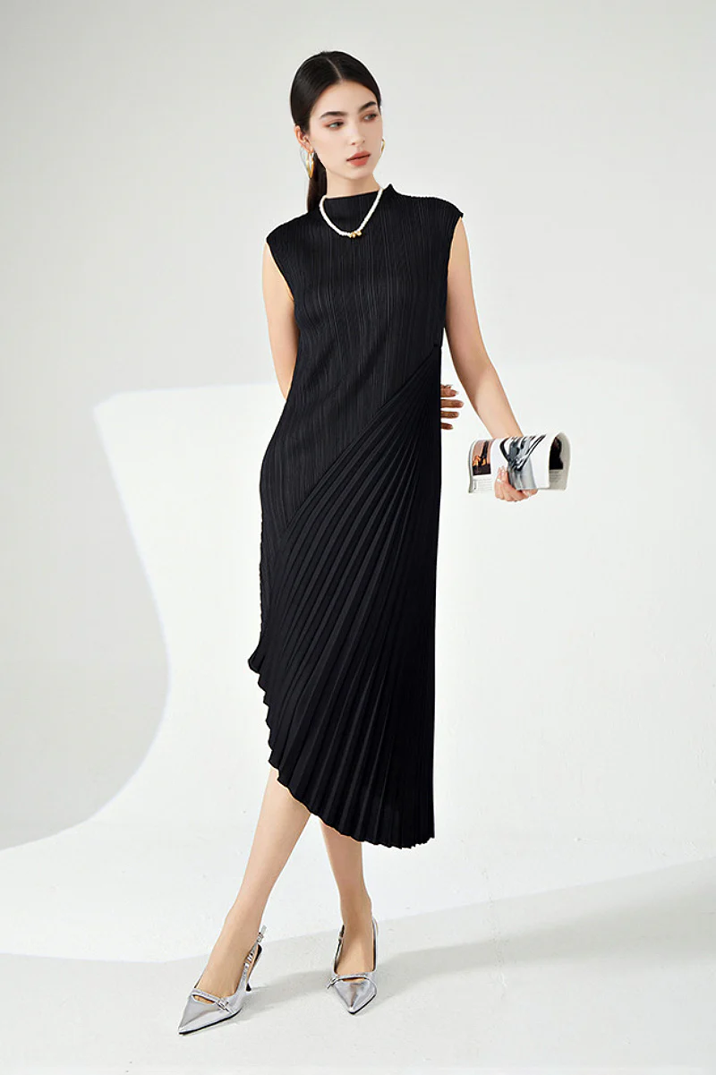 Designer Inspired Pleated Asymmetrical Sleeveless Midi Dress - HBQMJX