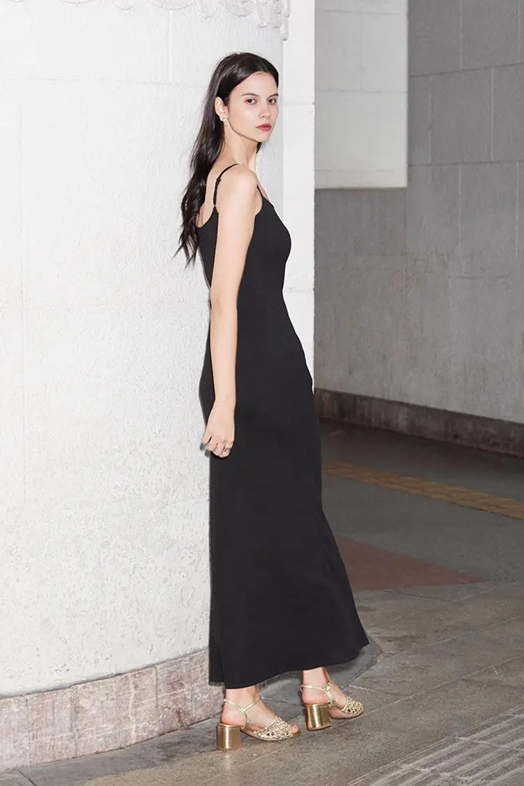 Black Bodycon Slip Maxi Dress - HBQMJX