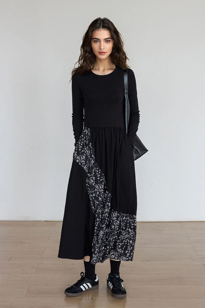 Fit & Flare Long-Sleeve Midi Dress with Flower Patchwork - HBQMJX