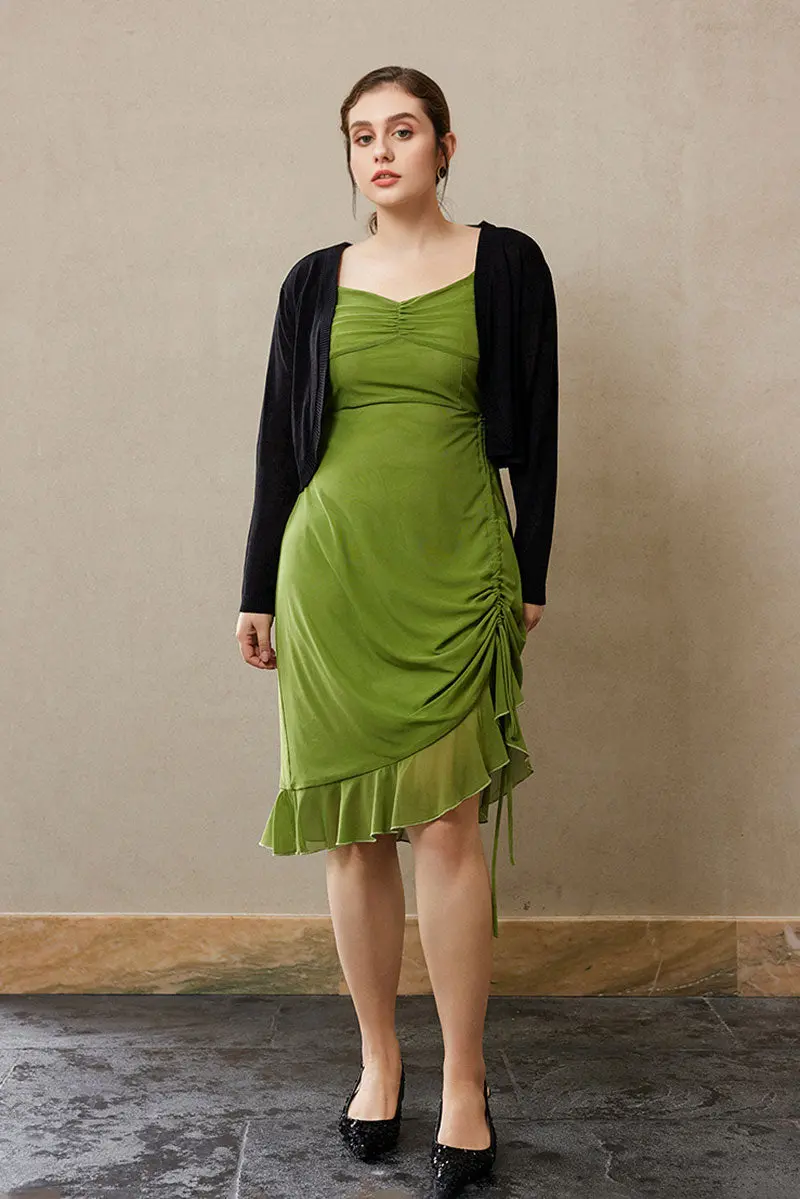 Ruched Mesh Drawstring Midi Dress in Olive Green - HBQMJX