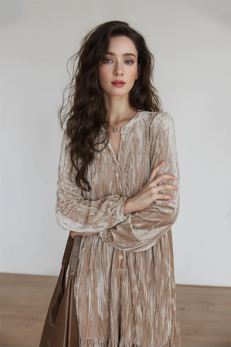 Tiered Long-Sleeve Button-Down A-Line Velvet Midi Dress - HBQMJX