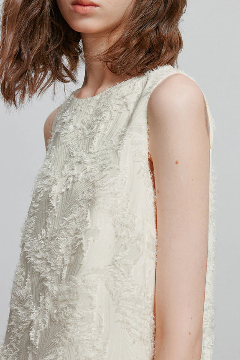 White Pleated Frayed Jacquard Mixed-Media Midi Dress - HBQMJX