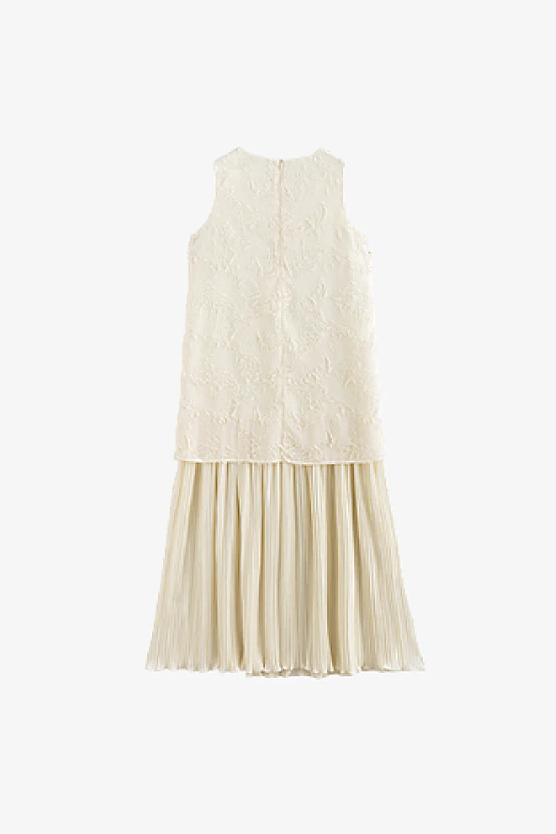 White Pleated Frayed Jacquard Mixed-Media Midi Dress - HBQMJX