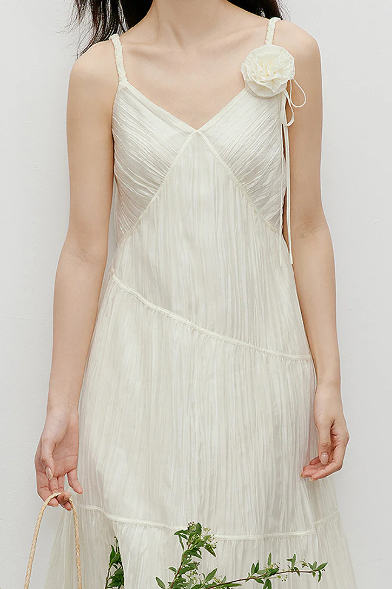 White V-Neck Spaghetti-Strap Textured Midi Dress - HBQMJX