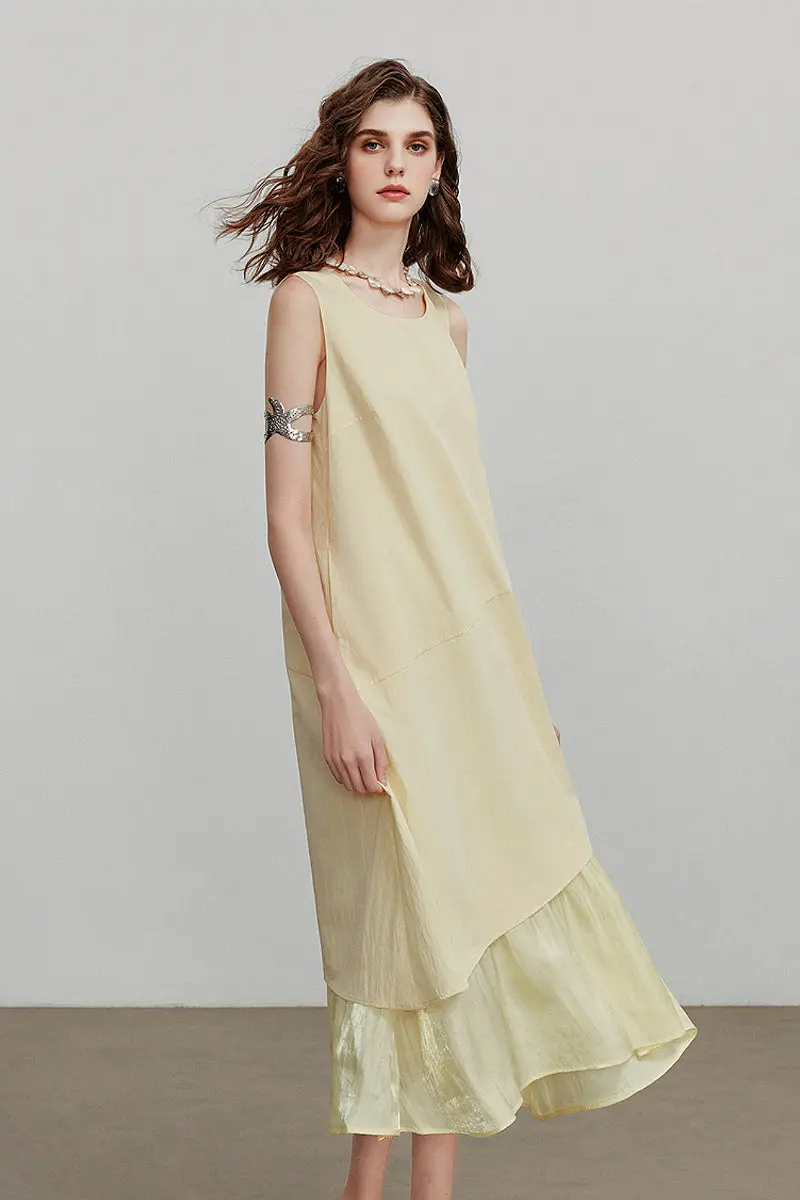 Yellow Flowy Asymmetrical Sleeveless Trapeze Midi Dress - HBQMJX