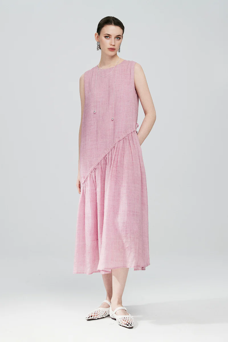 Pink Cotton-Linen Tiered Swing Beach Tank Midi Dress - HBQMJX
