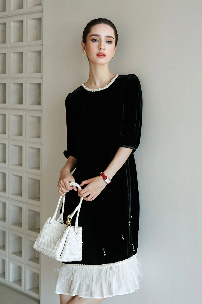 Ostrich-Feather Velvet Elbow-Sleeve Midi Dress with Pearl Trim - HBQMJX
