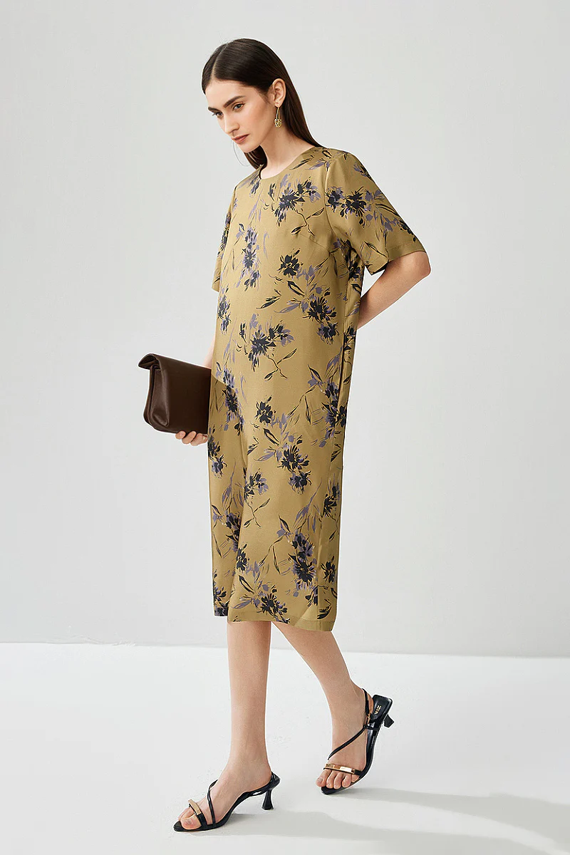 100% Silk Floral Midi Shift Dress with Pockets in Khaki - HBQMJX