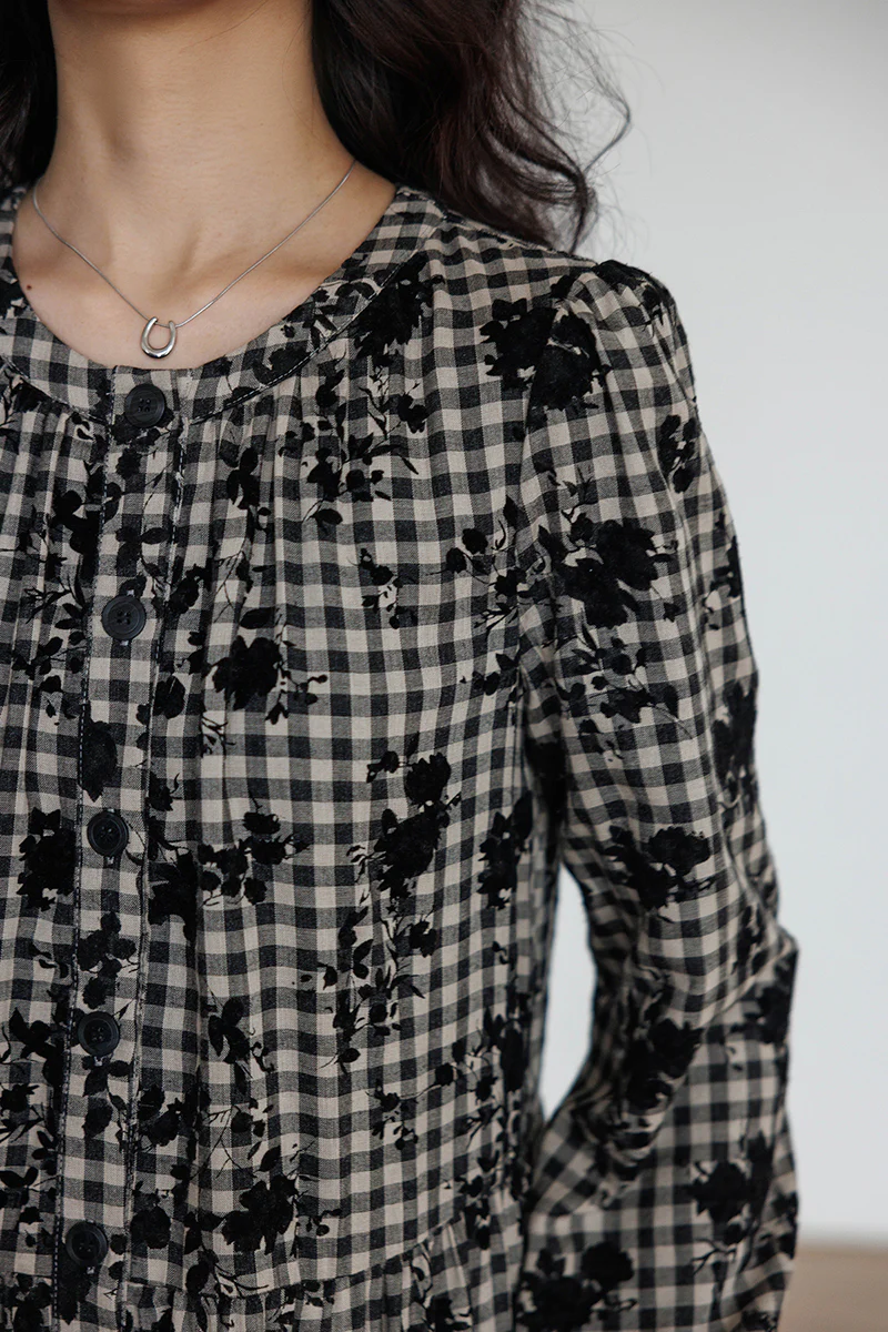 Tiered Long-Sleeve Button-Down A-Line Gingham Midi Dress - HBQMJX