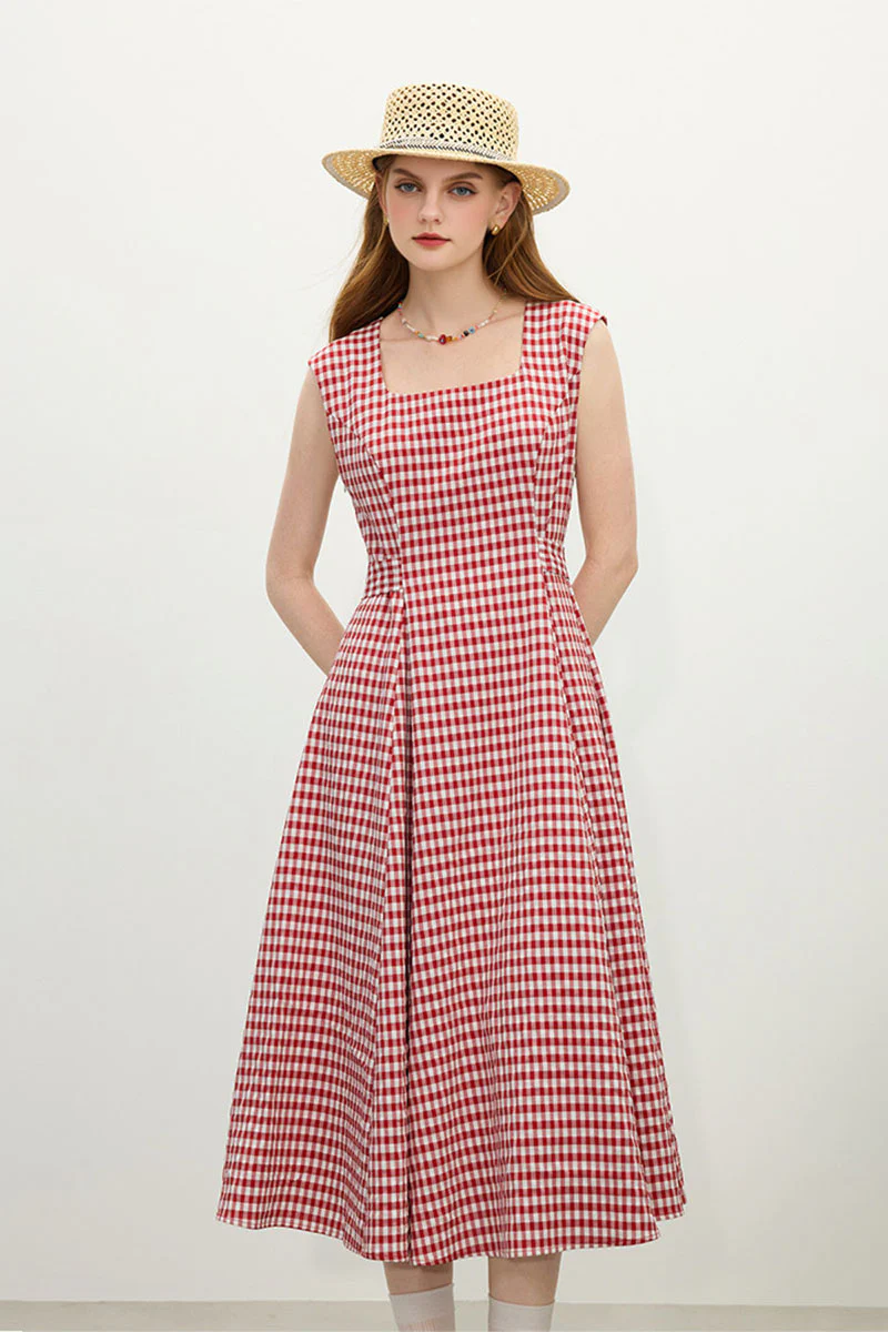 Red Gingham A-Line Midi Dress with Back Tie - HBQMJX