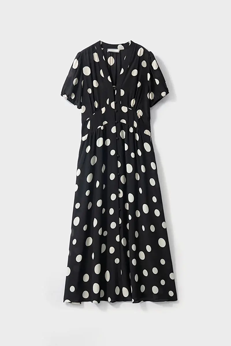 Women's Short Sleeve Polka Dot Silk Dress - HBQMJX