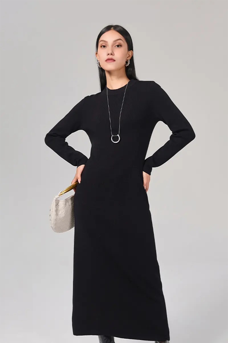 Slim Fit Long Sleeve Knit Wool Maxi Dress - HBQMJX