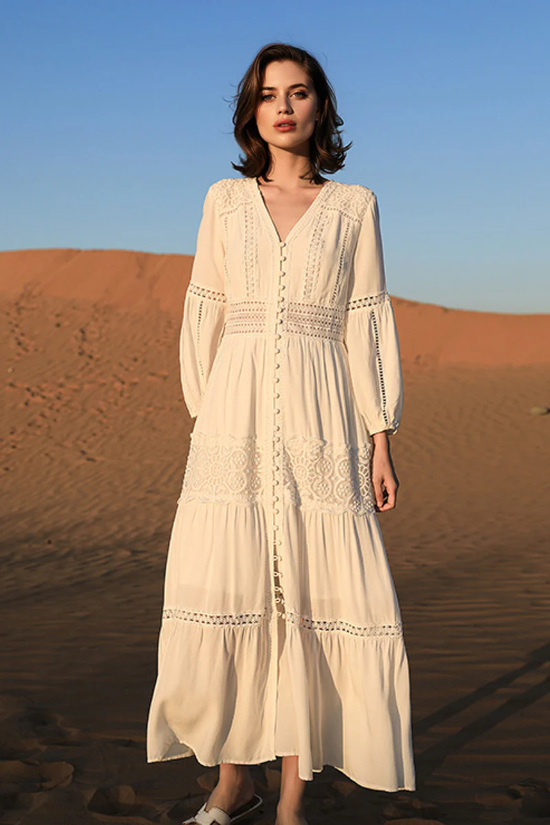 Tiered A-Line Long-Sleeve V-Neck Broderie Midi Dress with Front Buttons - HBQMJX