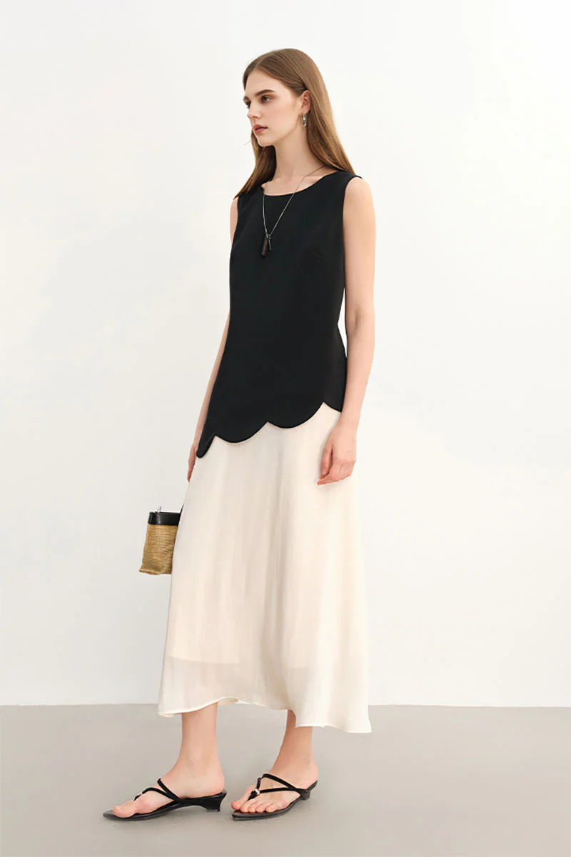 Black & White Sleeveless Mixed Media Midi Dress - HBQMJX