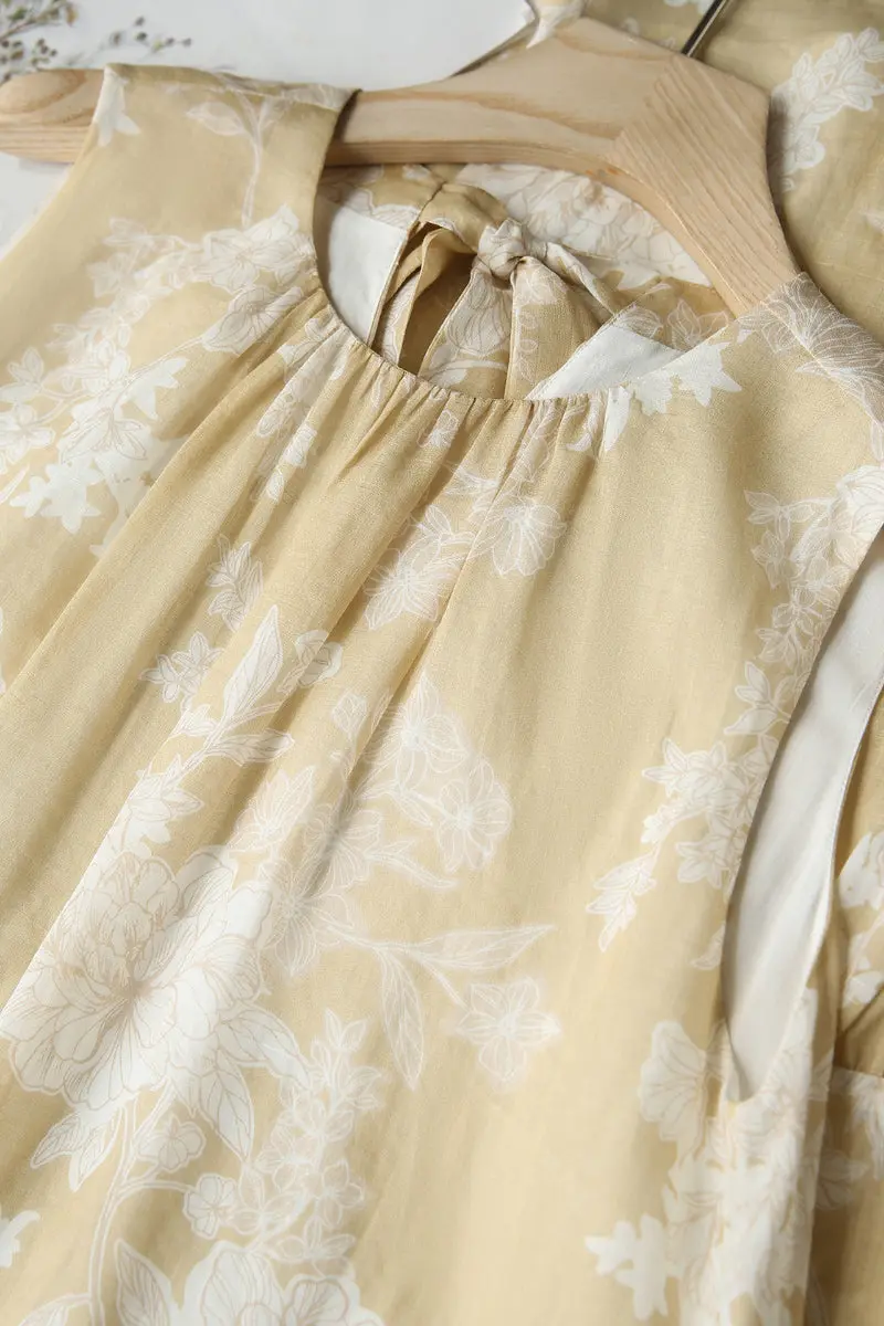 Ramie Floral Tiered Sleeveless Trapeze Midi Dress - HBQMJX