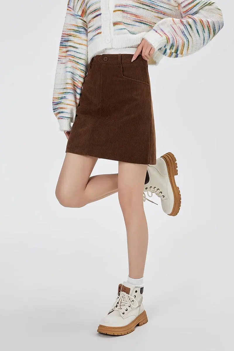 High Waist Corduroy Mini Skirt With Side Pockets - HBQMJX