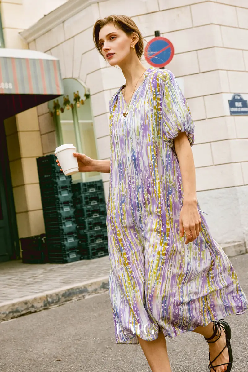 Purple Silk Double Crepe Abstract-Print Midi Dress - HBQMJX