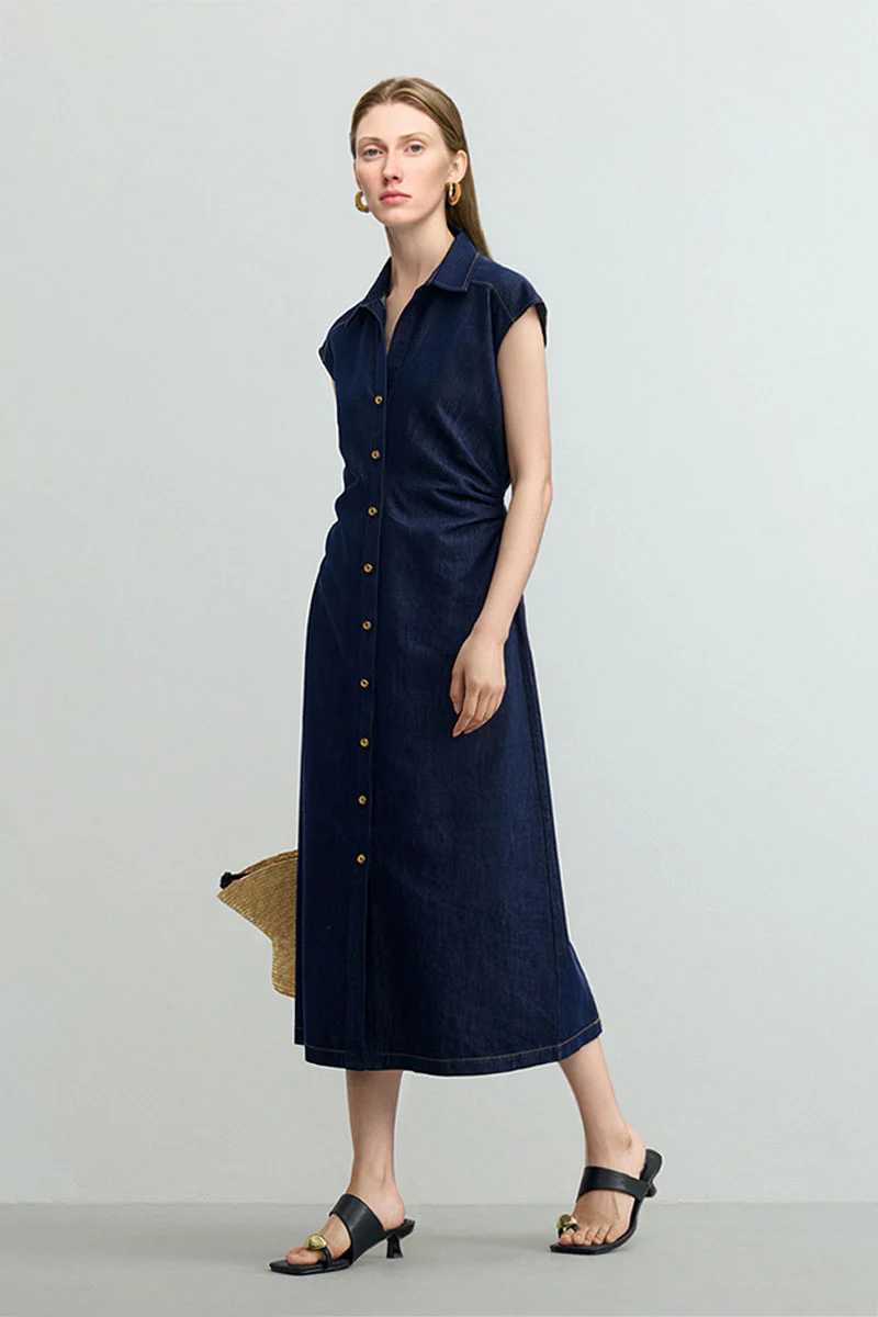 Tencel Denim Cap-Sleeve Button-Up Midi Shirt Dress with Ruched Waist - HBQMJX