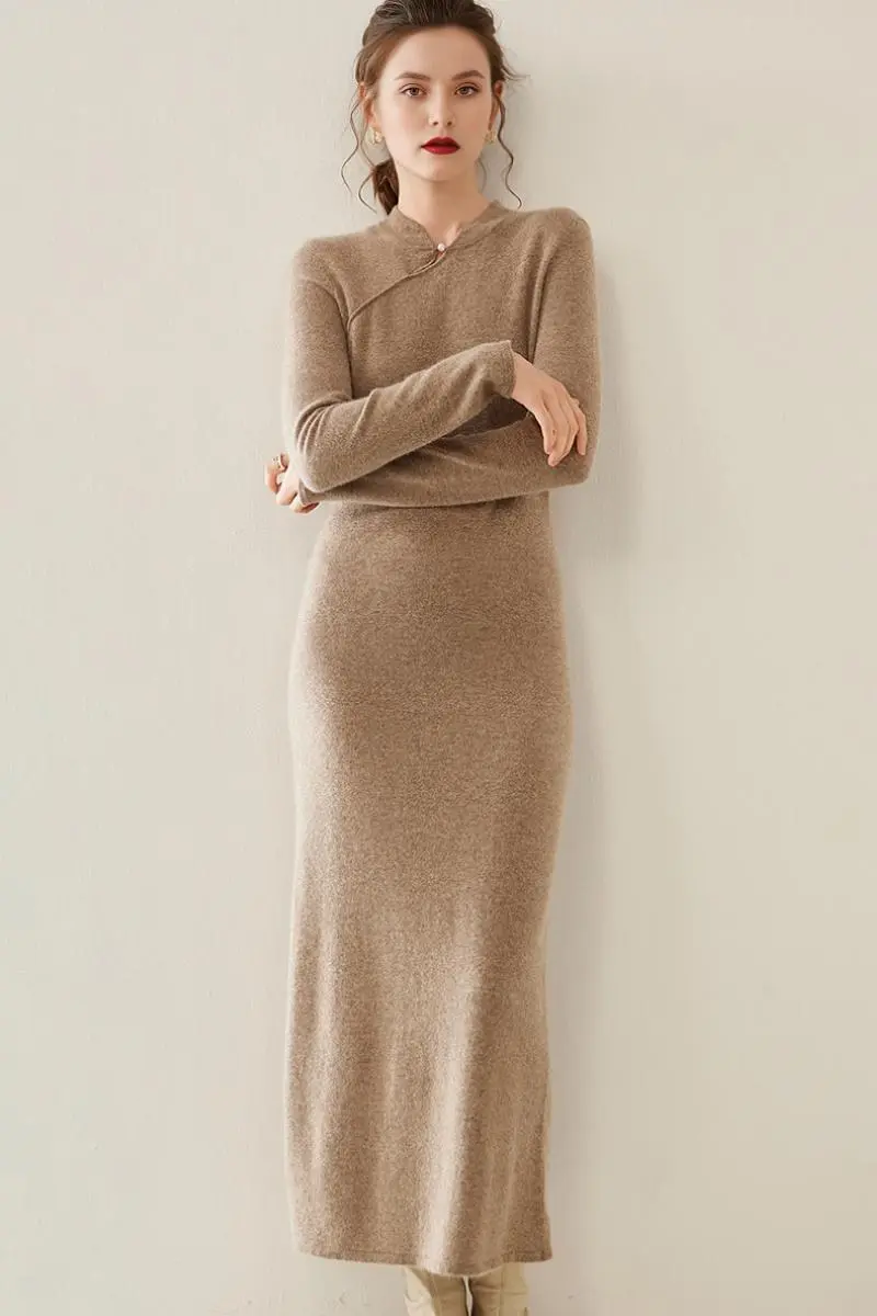 100 Cashmere Midi Sweater Dress with Mandarin-inspired Collar - HBQMJX